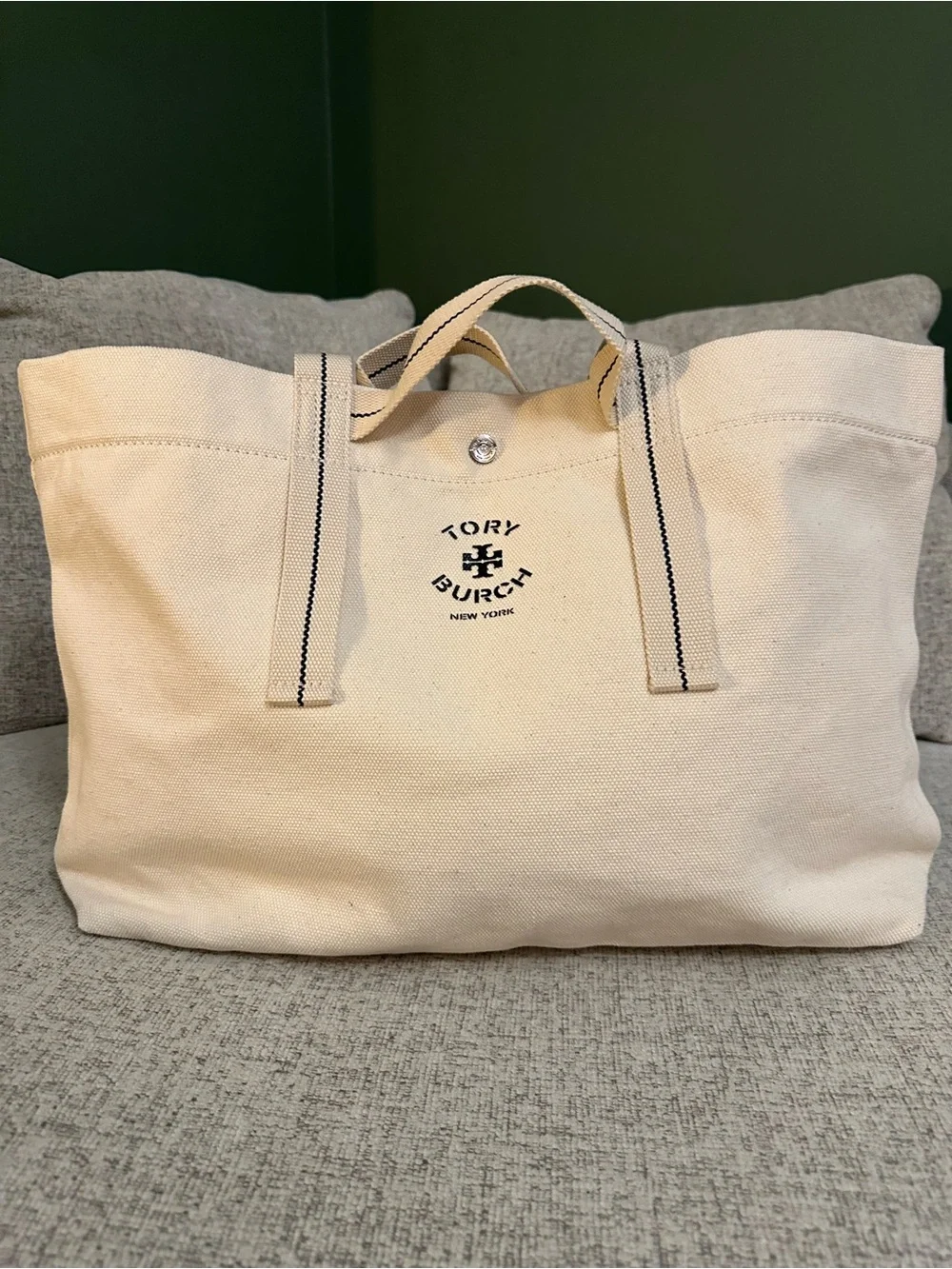 Tory Burch Cream Canvas Tote with Black Logo